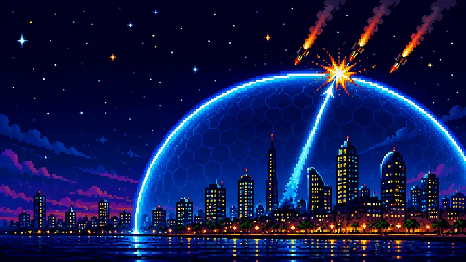 Pixel-art Iron Dome intercepting rockets over a glowing city skyline