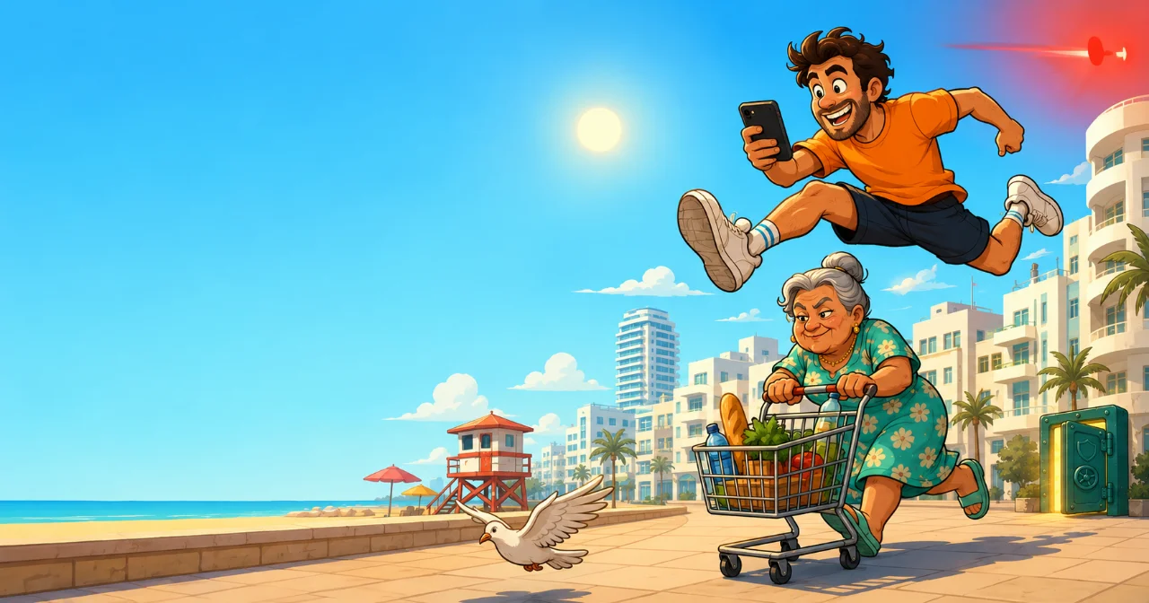 Cartoon runner leaping over a savta on the Tel Aviv promenade